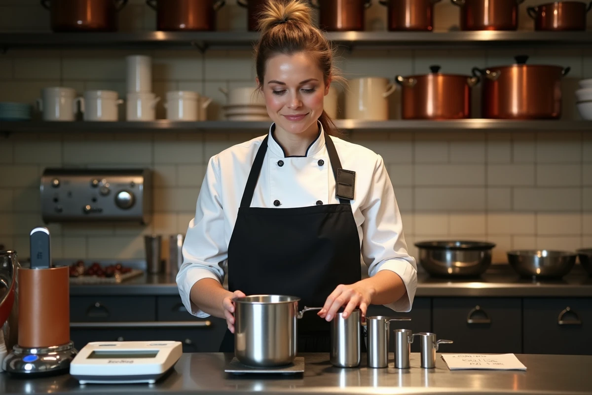 Cheffe cuisinière professionnelle utilisant des récipients gradués pour convertir des volumes de recettes en cuisine
