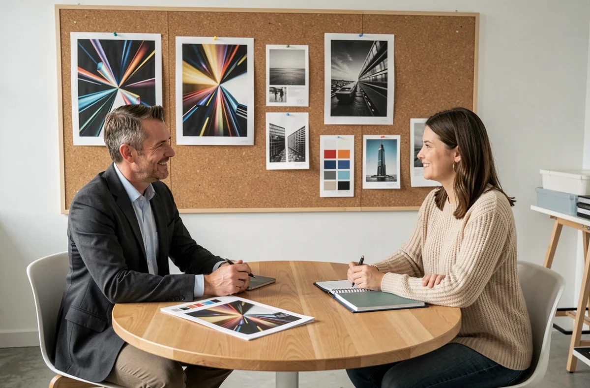 Deux personnes choisissant entre art abstrait et peintures futuristes dans un studio de design intérieur