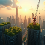 Silhouette de la ville moderne avec gratte-ciel et toits verts au lever du soleil