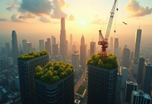 Silhouette de la ville moderne avec gratte-ciel et toits verts au lever du soleil