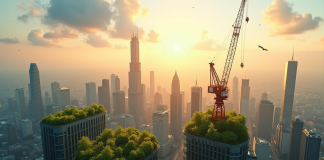 Silhouette de la ville moderne avec gratte-ciel et toits verts au lever du soleil