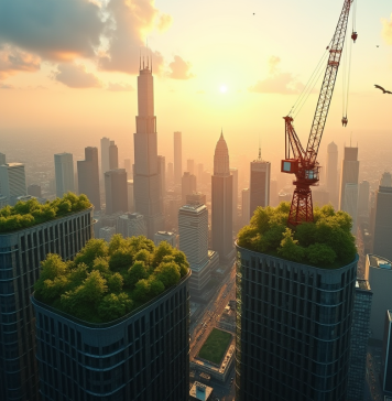 Croissance urbaine : définition, enjeux et perspectives d’avenir Silhouette de la ville moderne avec gratte-ciel et toits verts au lever du soleil