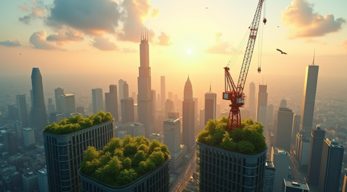 Silhouette de la ville moderne avec gratte-ciel et toits verts au lever du soleil