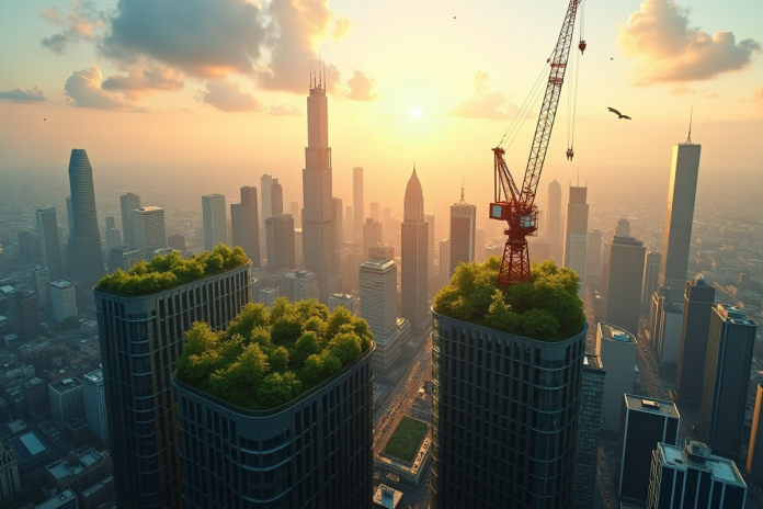 ciel-ville-urbanisme-sustainable Silhouette de la ville moderne avec gratte-ciel et toits verts au lever du soleil
