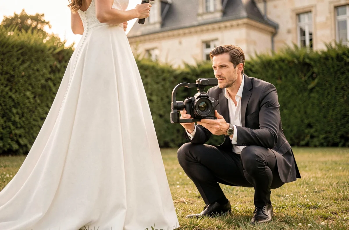 Vidéaste captant le mariage d'une mariée devant un château en Île-de-France