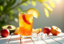 Verre de cocktail rafraichissant aux fruits d'été avec tranches de pomme et d'abricot