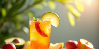 Verre de cocktail rafraichissant aux fruits d'été avec tranches de pomme et d'abricot