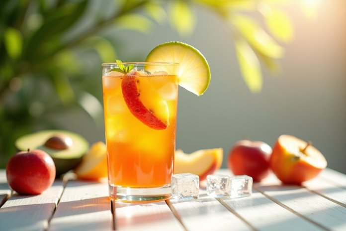 cocktail-fruits-ete Verre de cocktail rafraichissant aux fruits d'été avec tranches de pomme et d'abricot