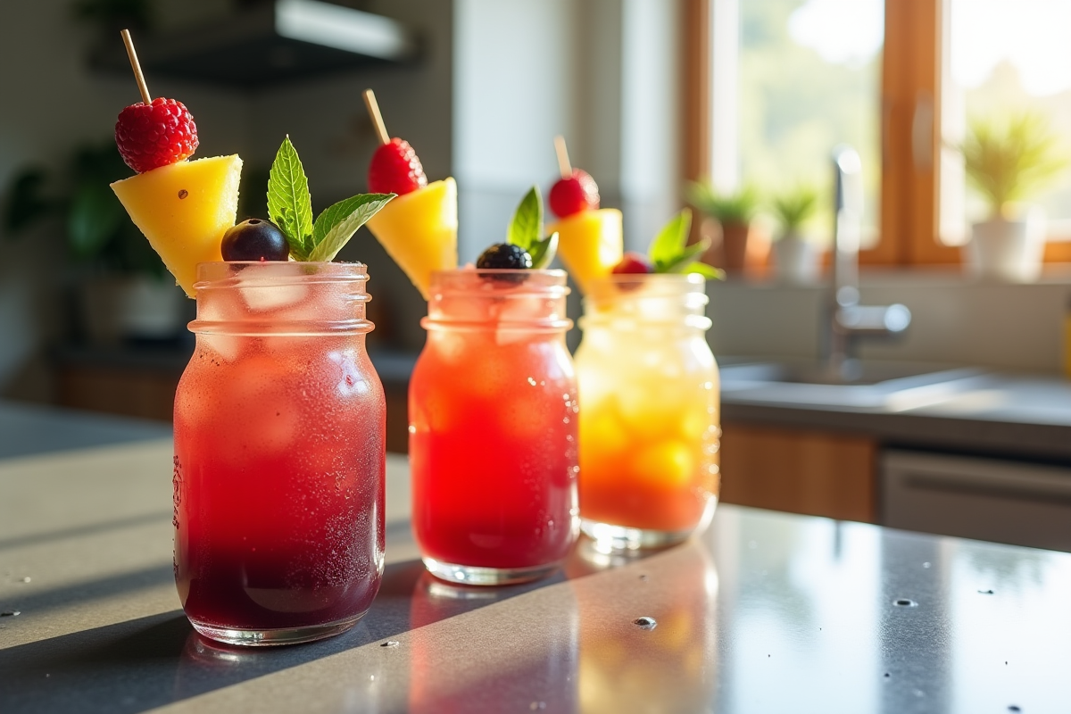 Cocktails de fruits colorés dans un comptoir de cuisine moderne avec fruits en brochettes