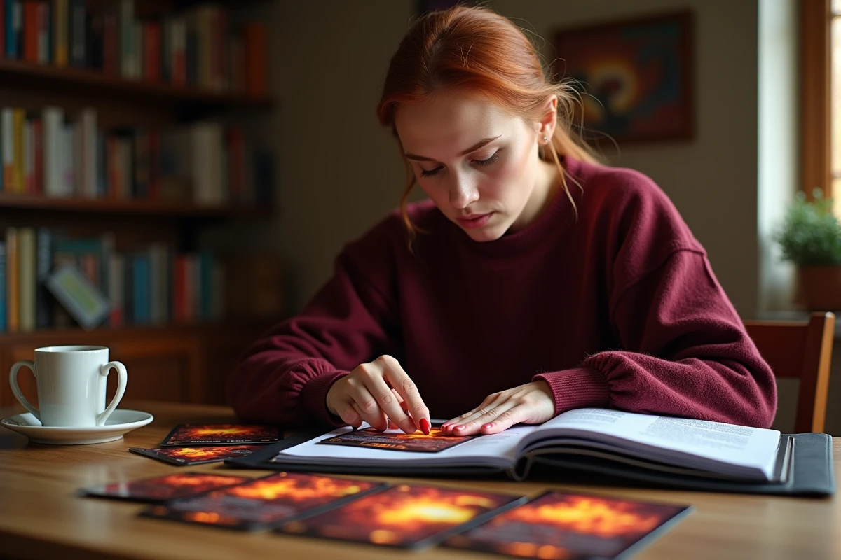 Collectionneuse classant ses cartes Méga Évolution flamme dans un classeur de cartes à la maison