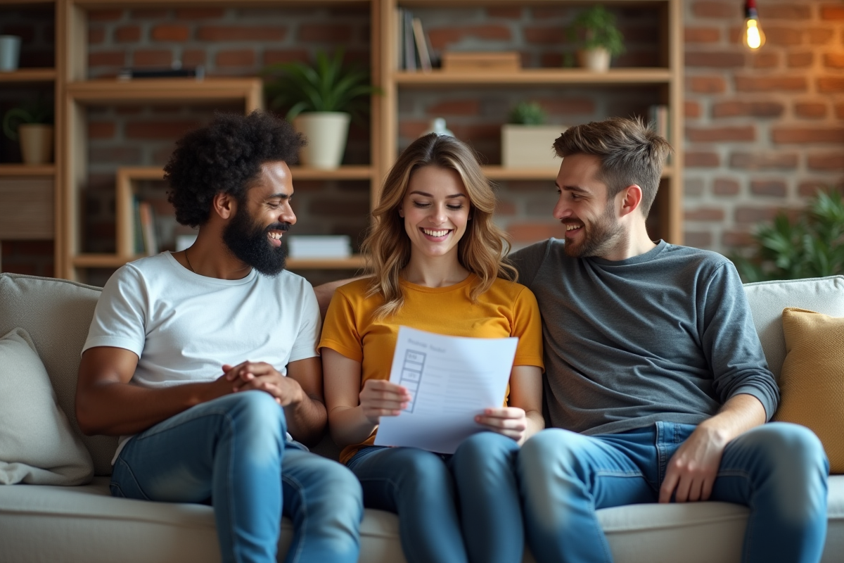 Trois colocataires parlent des tâches ménagères dans un salon convivial