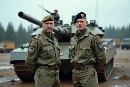 Deux commandants de char en uniforme devant un Leopard 2A