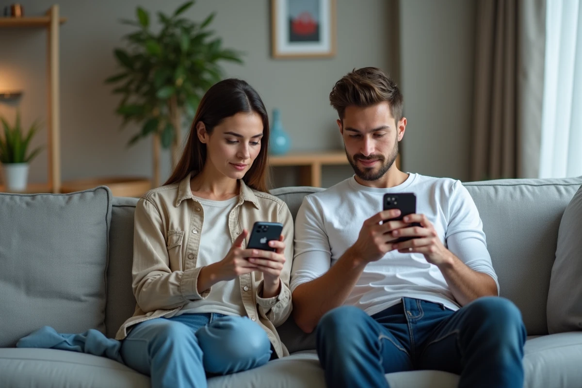Deux personnes comparant l'accès à Pokémon TCG Pocket sur Android et iOS dans un salon moderne