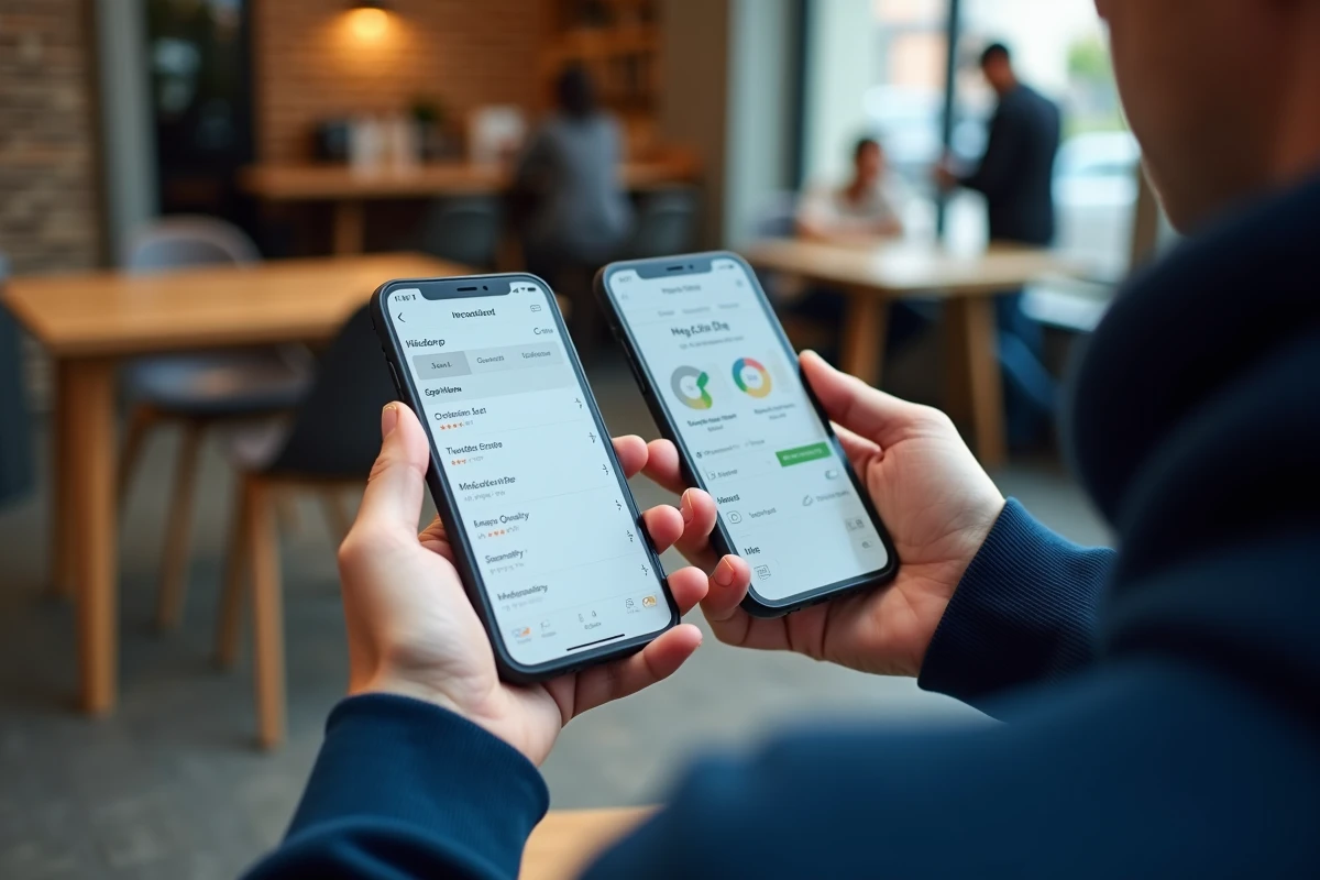 Comparaison de l'interface CrunchScan sur deux smartphones montrant historique de scan et rapport de qualité d'image