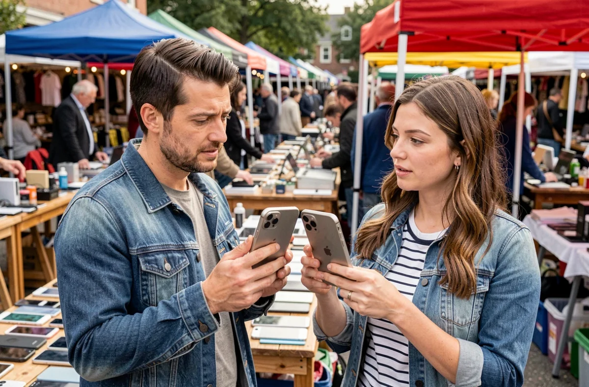 Couple comparant des iPhones reconditionnés sur un marché aux puces en plein air