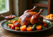 Confit de canard sur une table en bois rustique avec légumes rôtis