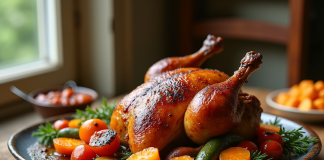 Confit de canard sur une table en bois rustique avec légumes rôtis