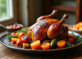 Confit de canard sur une table en bois rustique avec légumes rôtis
