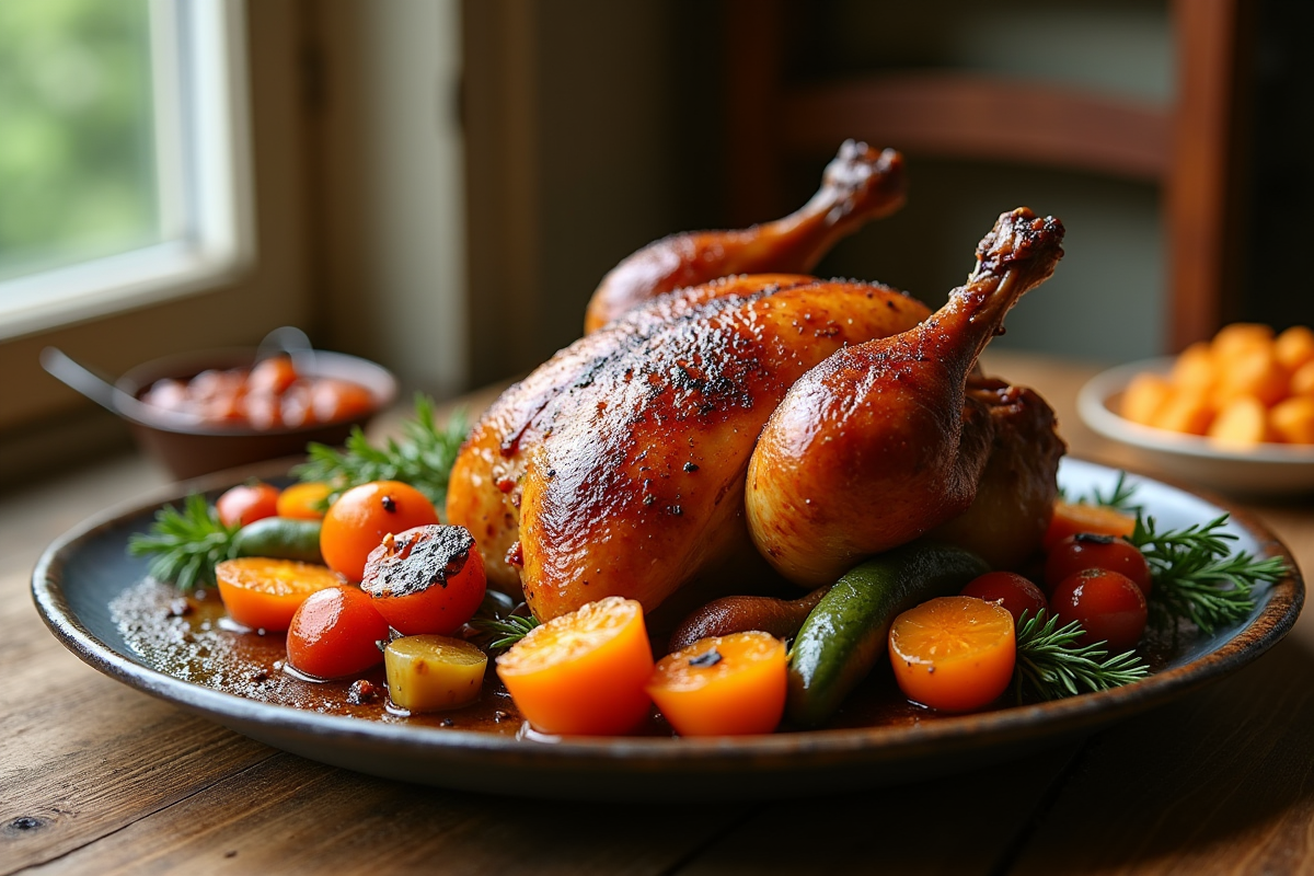 Confit de canard sur une table en bois rustique avec légumes rôtis