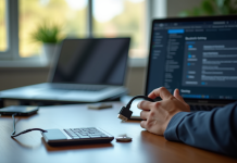 Personne connectant un adaptateur Bluetooth à un ordinateur portable dans un bureau moderne