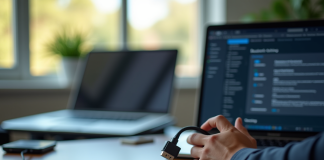 Personne connectant un adaptateur Bluetooth à un ordinateur portable dans un bureau moderne