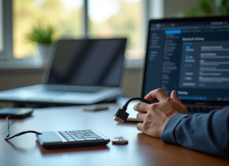 Personne connectant un adaptateur Bluetooth à un ordinateur portable dans un bureau moderne