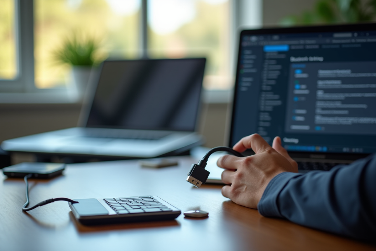 Personne connectant un adaptateur Bluetooth à un ordinateur portable dans un bureau moderne