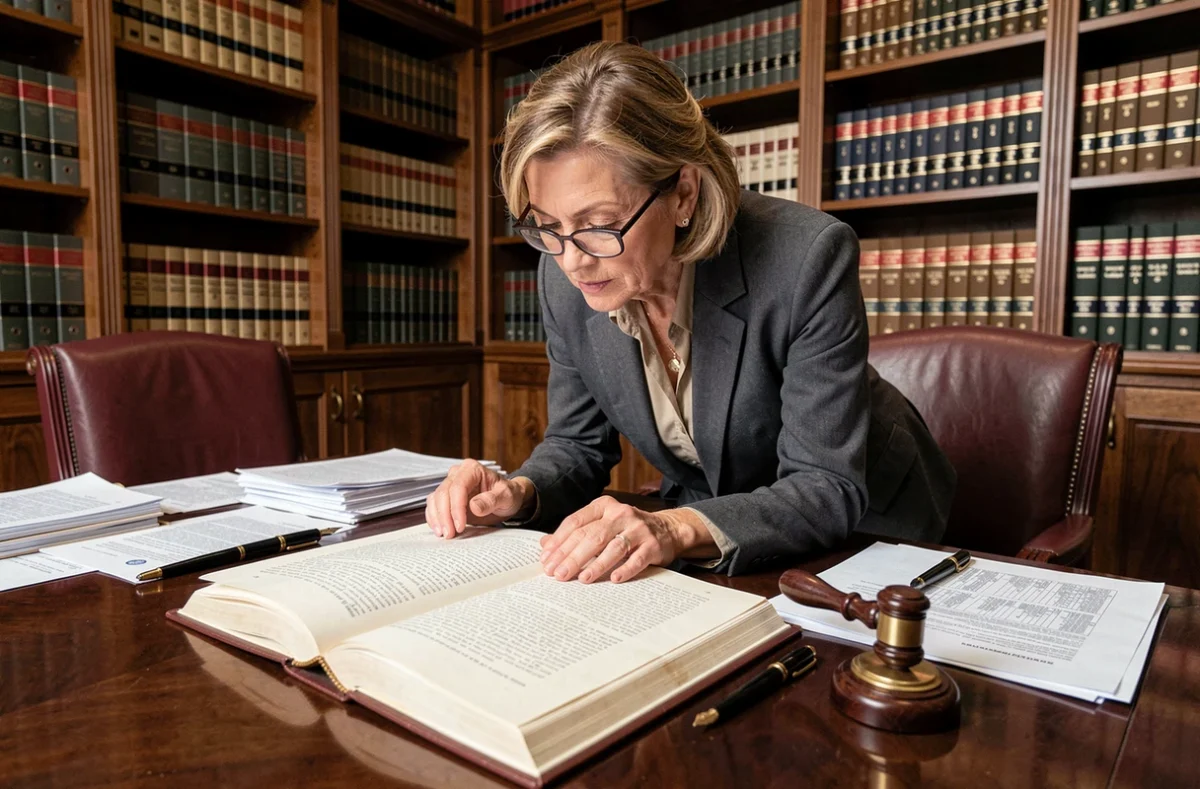 Avocate consultant la Constitution française ouverte sur un bureau juridique en lien avec l'article 16 et les pouvoirs exceptionnels