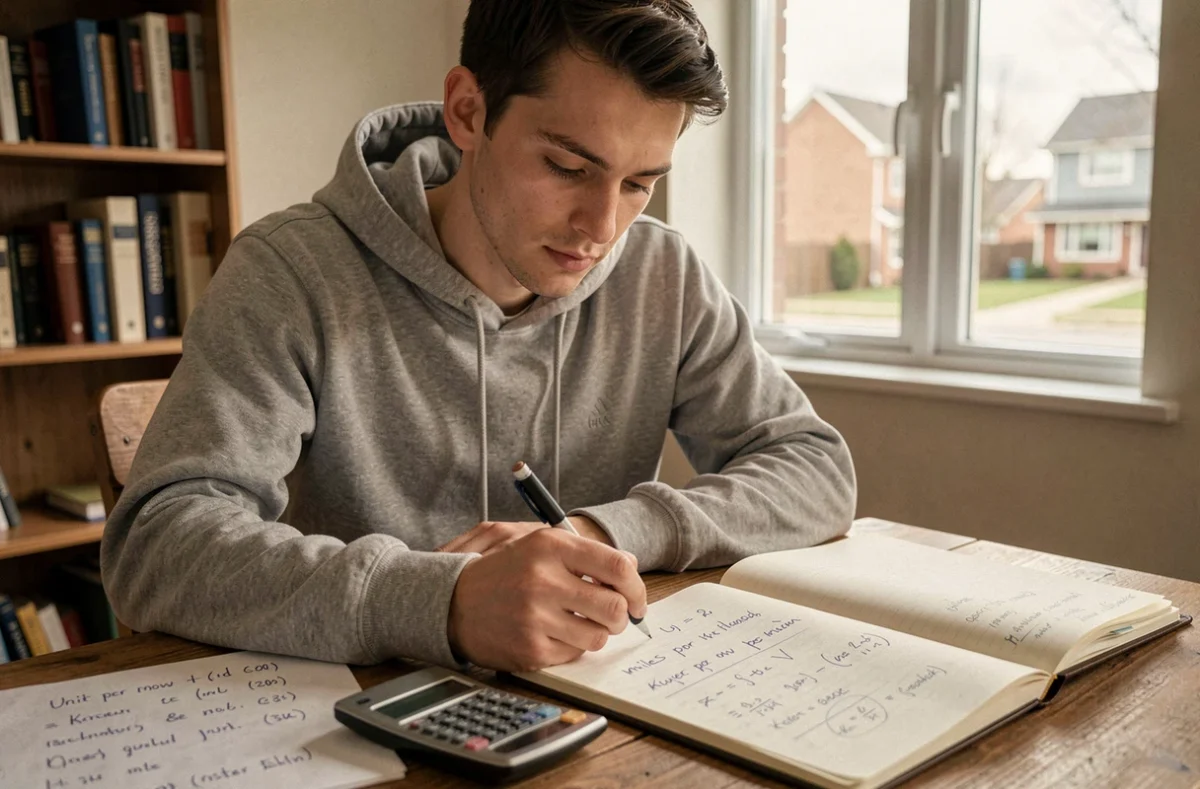 Homme calculant la conversion de 37 mph en km/h et m/s sur un carnet de notes avec formules