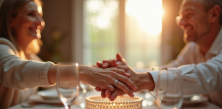 Couple mature échangeant des sourires lors d'un anniversaire