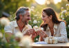 Couple souriant dans un jardin avec des roses blanches