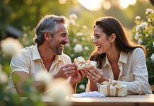 Couple souriant dans un jardin avec des roses blanches