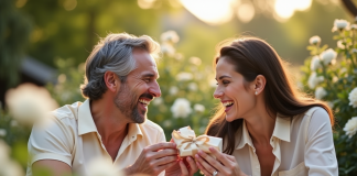 Couple souriant dans un jardin avec des roses blanches
