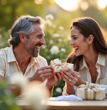 Couple souriant dans un jardin avec des roses blanches
