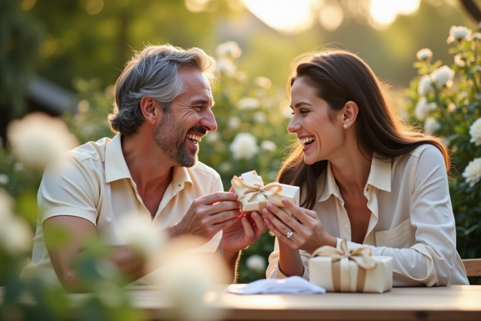 Couple souriant dans un jardin avec des roses blanches