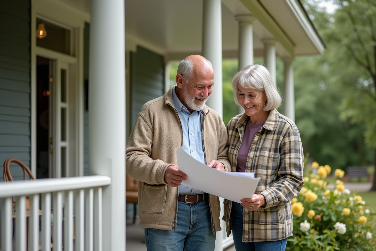 Couple senior souriant devant leur maison en rénovations