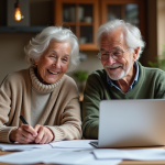 Couple retraité discutant finances à la cuisine