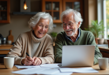 Couple retraité discutant finances à la cuisine