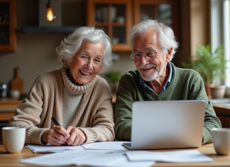 Couple retraité discutant finances à la cuisine