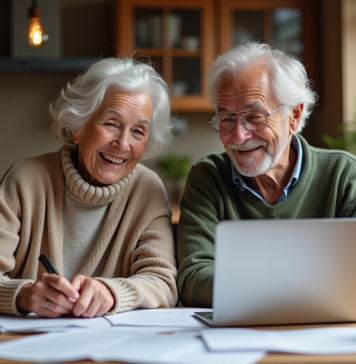 Couple retraité discutant finances à la cuisine