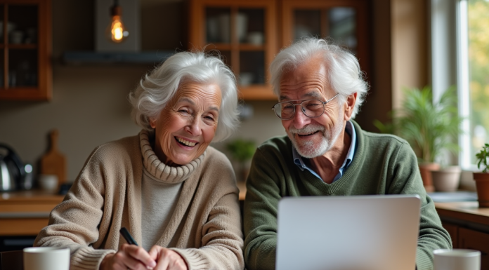 Couple retraité discutant finances à la cuisine