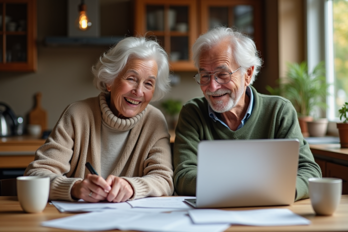 Couple retraité discutant finances à la cuisine