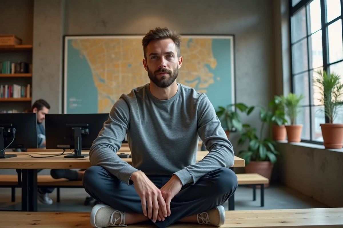 Homme en télétravail dans un espace de coworking moderne du quartier Poblenou à Barcelone