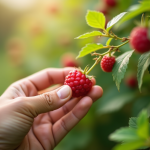 Main cueillant une framboise dans un buisson sain en extérieur