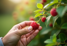 Main cueillant une framboise dans un buisson sain en extérieur