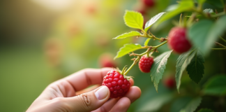 Main cueillant une framboise dans un buisson sain en extérieur