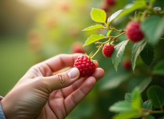 Main cueillant une framboise dans un buisson sain en extérieur