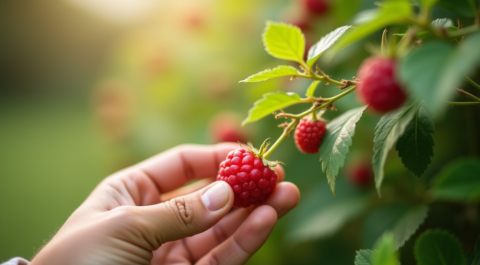 Main cueillant une framboise dans un buisson sain en extérieur