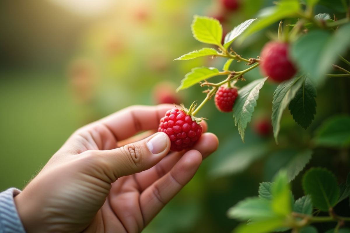 Main cueillant une framboise dans un buisson sain en extérieur
