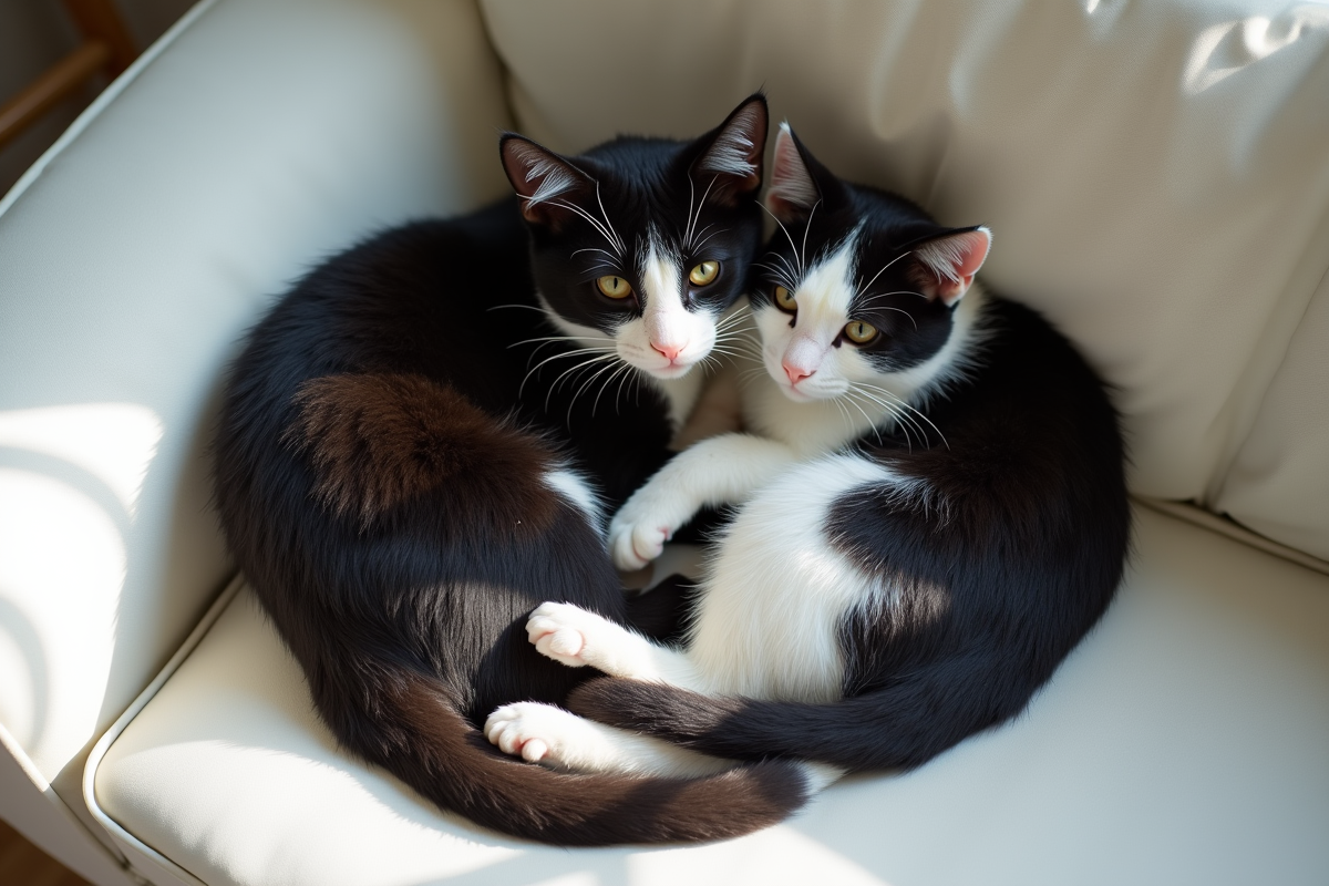 Deux chats noirs et blancs allongés sur un canapé blanc